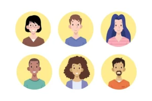 Imagem de avatares e perfis personalizados, apresentando diversos personagens com diferentes estilos e características. Ideal para ilustração de identidade visual.