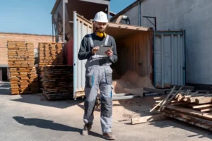 Homem visível com capacete e roupas de obra, verificando informações em um tablet ao lado de um container de armazenamento de materiais de construção em um canteiro de obras, com pilhas de madeira ao fundo.
