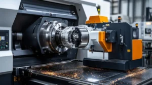 Maquina de usinagem CNC fabricando peças metálicas na indústria, aplicada na produção de componentes de alta precisão.