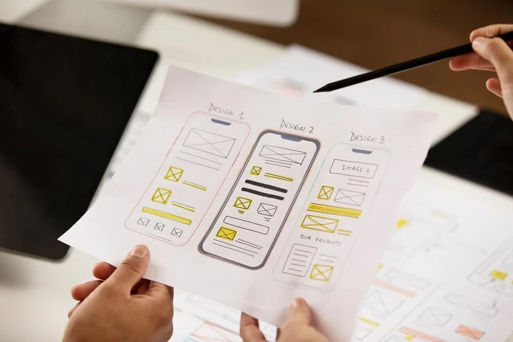 Esboço de design responsivo em papel, mostrando três versões de layout para dispositivos móveis, com elementos gráficos destacados em amarelo.