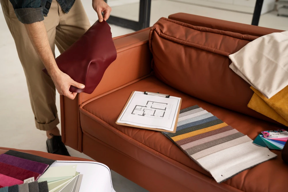 Móvel de design inteligente, combinando estilo e funcionalidade, com uma pessoa escolhendo revestimentos e acessórios para o sofá de living moderno.