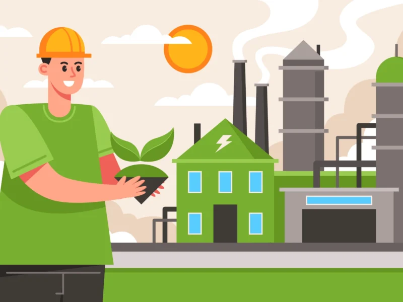 Ilustração de um trabalhador segurando uma muda de planta ao lado de uma fábrica que emite fumaça, simbolizando a importância da política industrial verde para sustentabilidade e energia limpa no Brasil.