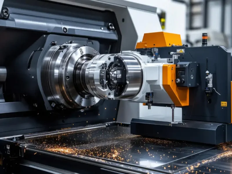 Maquina de usinagem CNC fabricando peças metálicas na indústria, aplicada na produção de componentes de alta precisão.