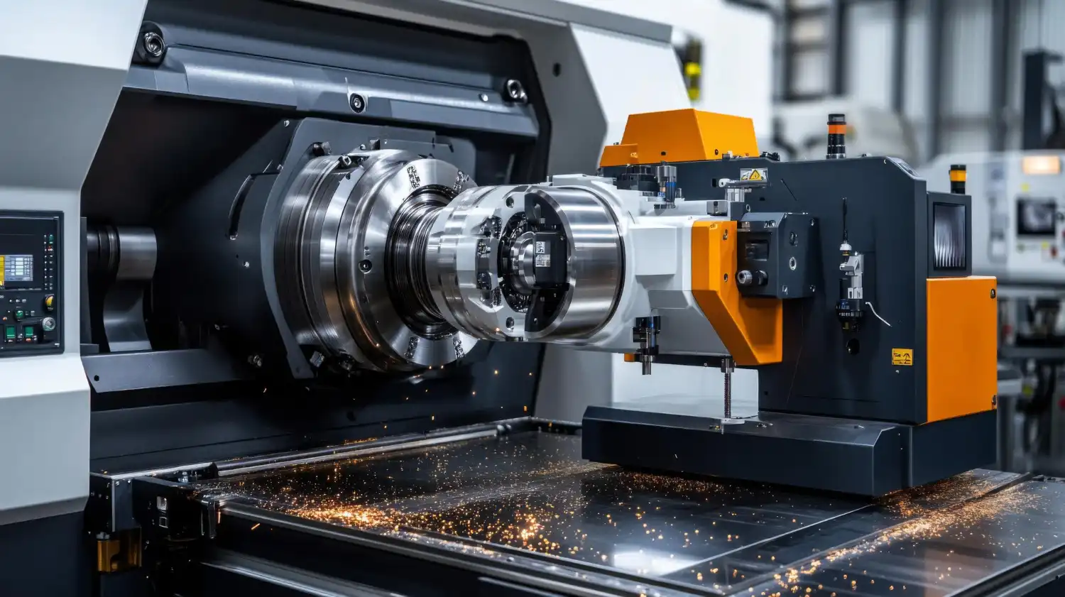 Maquina de usinagem CNC fabricando peças metálicas na indústria, aplicada na produção de componentes de alta precisão.